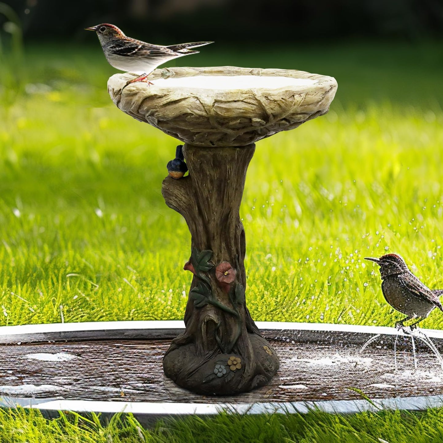 25.5" H Concrete Tree Shape Bird Bath with Decorative Faux Bird – 25.5" H * 17.7" Φ Rustic Design Birdbath, Enhances Garden, Patio, Yard, Lawn Décor