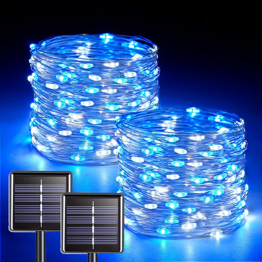 JMEXSUSS 2 Pack Blue and White Solar Christmas Lights, Each 33FT 100 LED Solar String Lights Outdoor Waterproof, 8 Modes Mini Fairy Lights for Outside Yard Patio Christmas Decorations