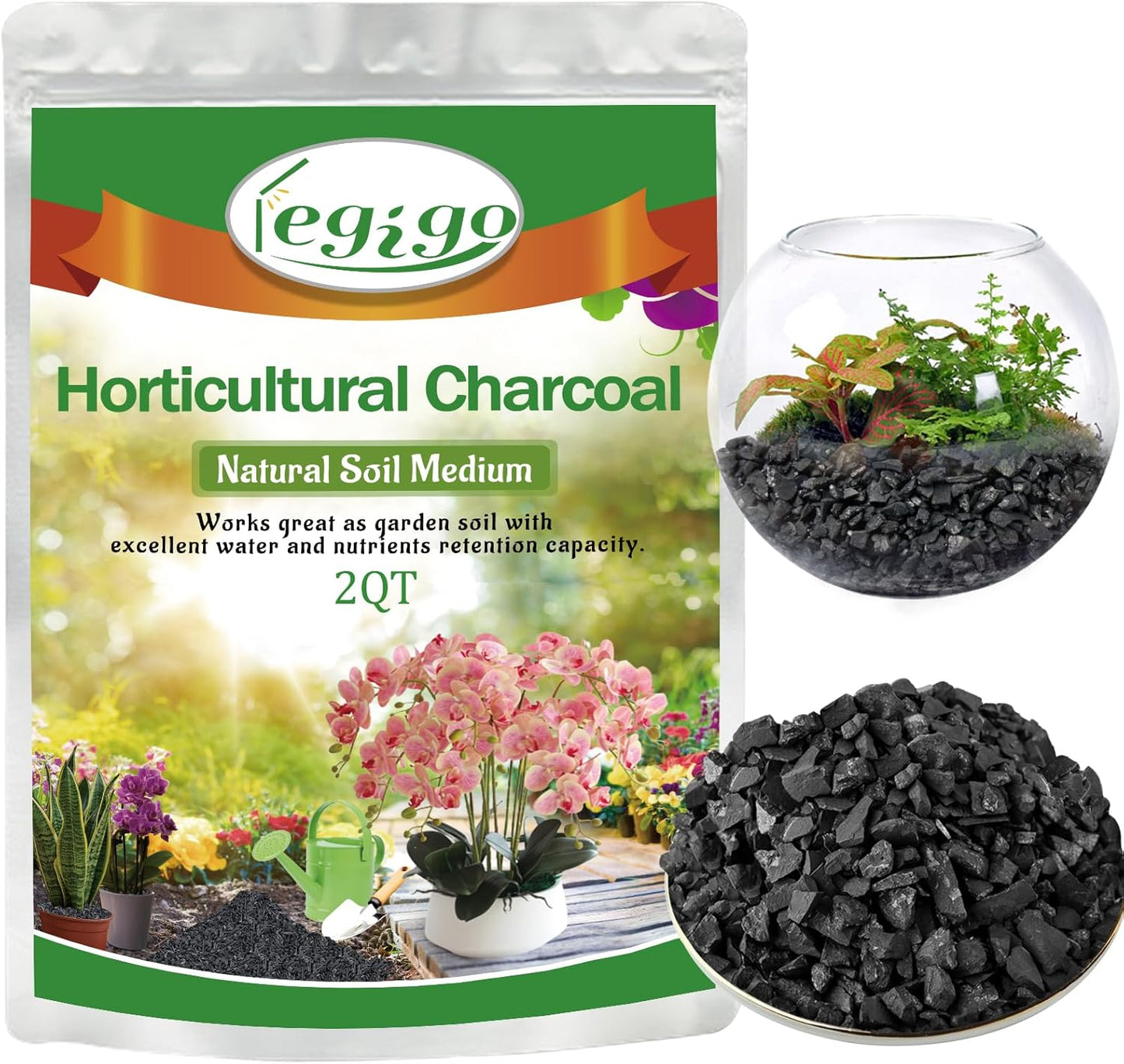 Legigo 2 QT Horticultural Charcoal- Activated Charcoal for Plants, Biochar Soil Amendment for Indoor Plants, Terrariums, Orchids Potting Mix and Gardening