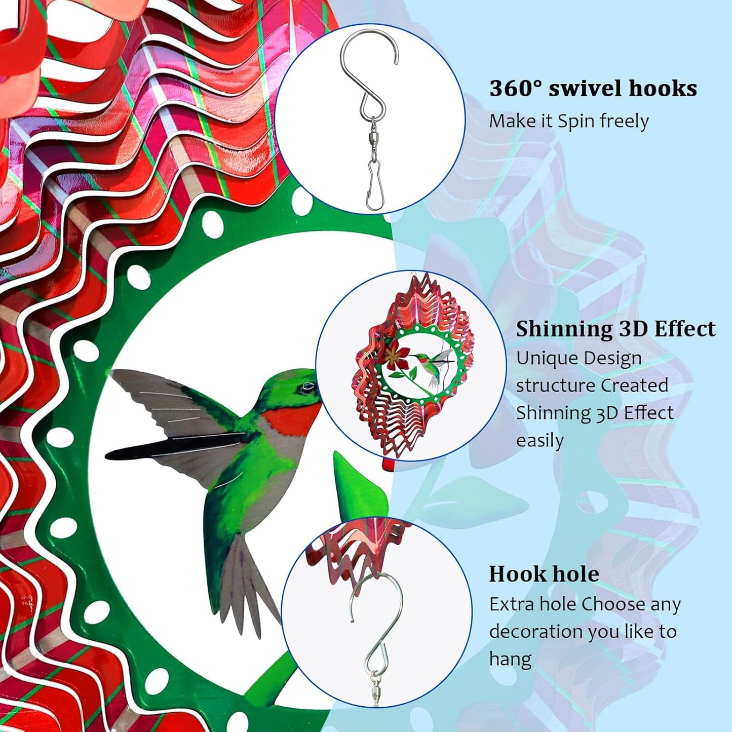 Goolyrusim Ruby-Throated Bird Wind Spinner, Hummingbird Wind Spinner for Yard and Garden, Hanging Wind Sculptures 3D Wind Catcher, Kinetic Metal Art Decorations Indoor/Outdoor Décor Ornament Gifts