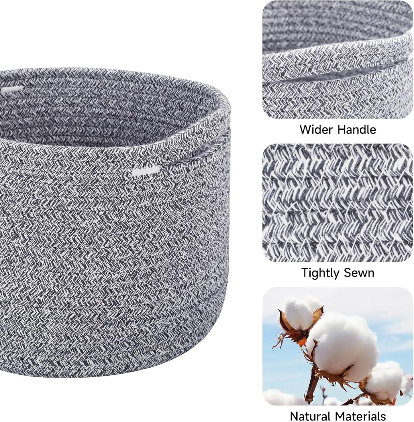 Small Basket for Organizing | Cube Shelf Closet Storage Baskets | 9.7×9.7×7.1” | Woven Rope Gift Basket | Nursery | Round 3 Packs Mixed Grey