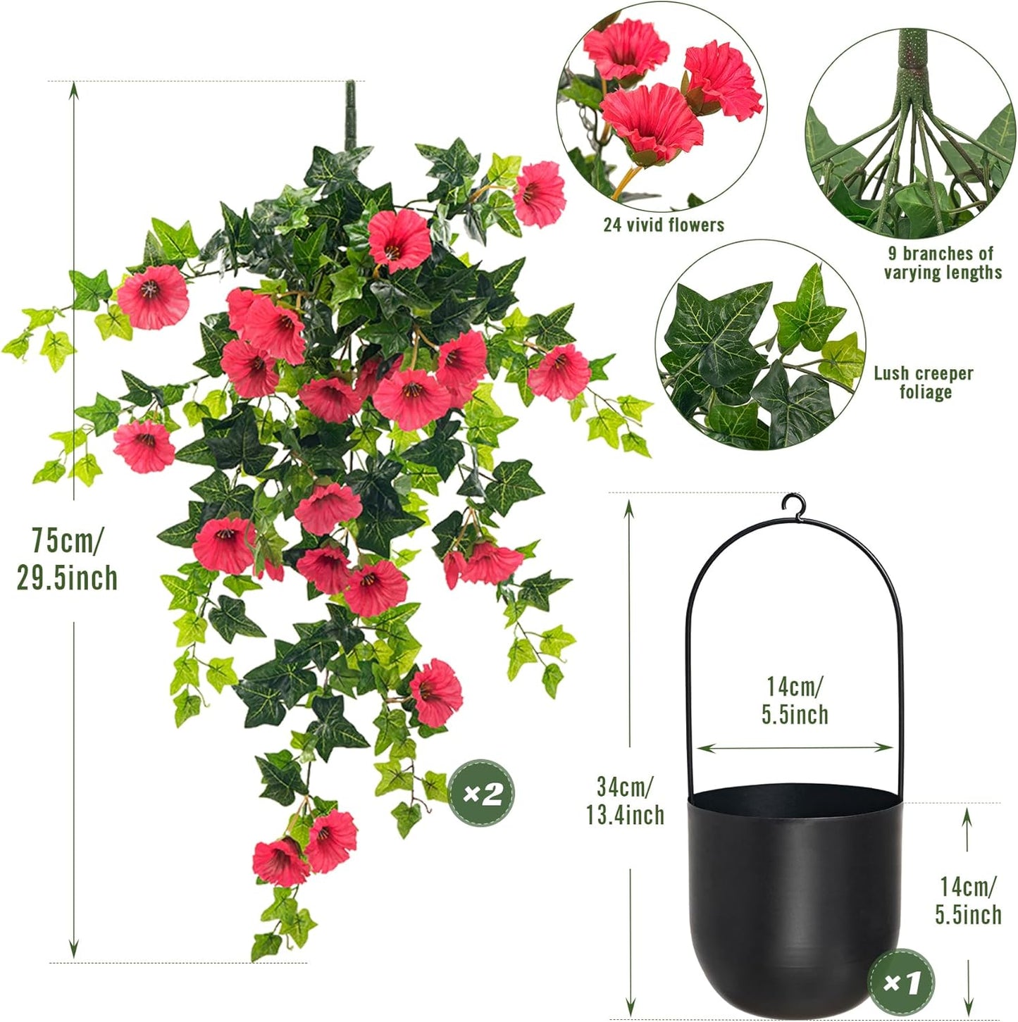 Artificial petunia plant Faux greenery Outdoor decoration hanging basket trumpet flower Garden Indoor balcony Decoration, Red