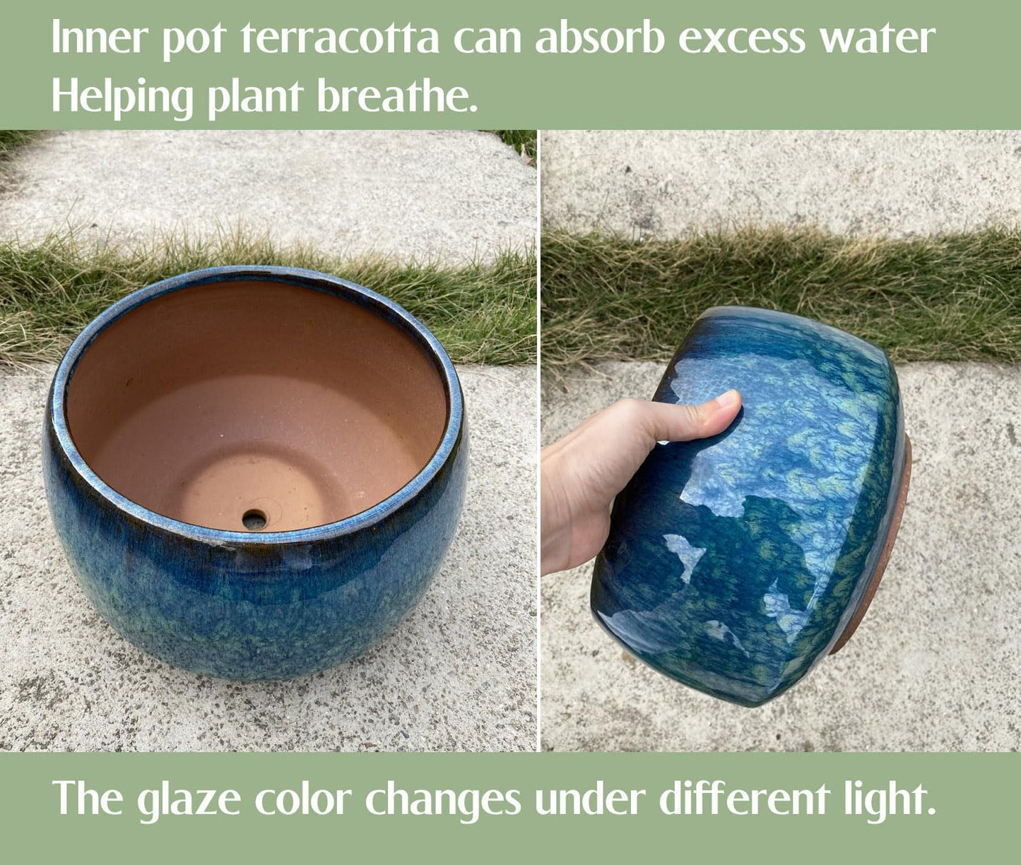 Reactive Glaze Peacock Color 11" Ceramic Plant Pot, Large Blue Green Planter Artisan Flower Pot with Drainage Hole, Breathable Planter for Indoor Outdoor Plants