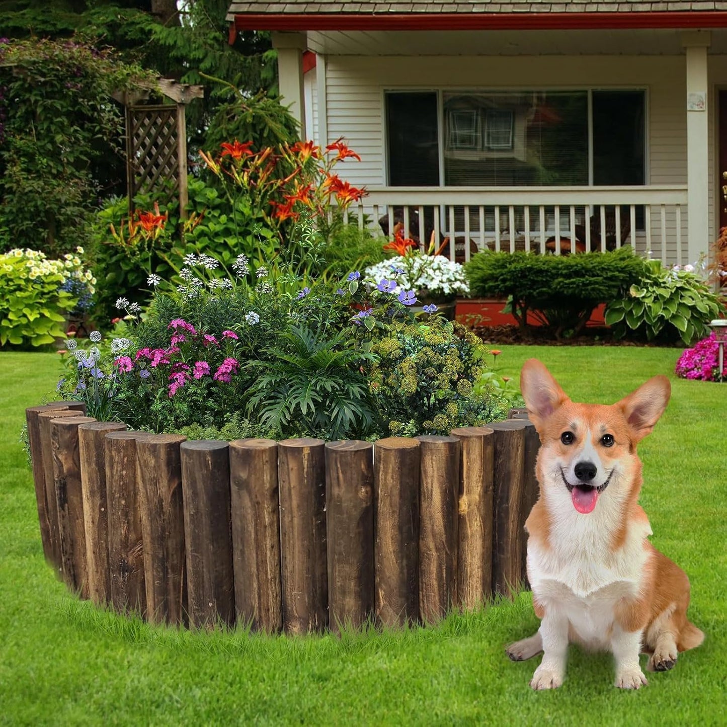 Wood Garden Fence, Natural Wooden Solid Log Edging Border Decorative for Flower Bed Barriers and Landscape Fencing