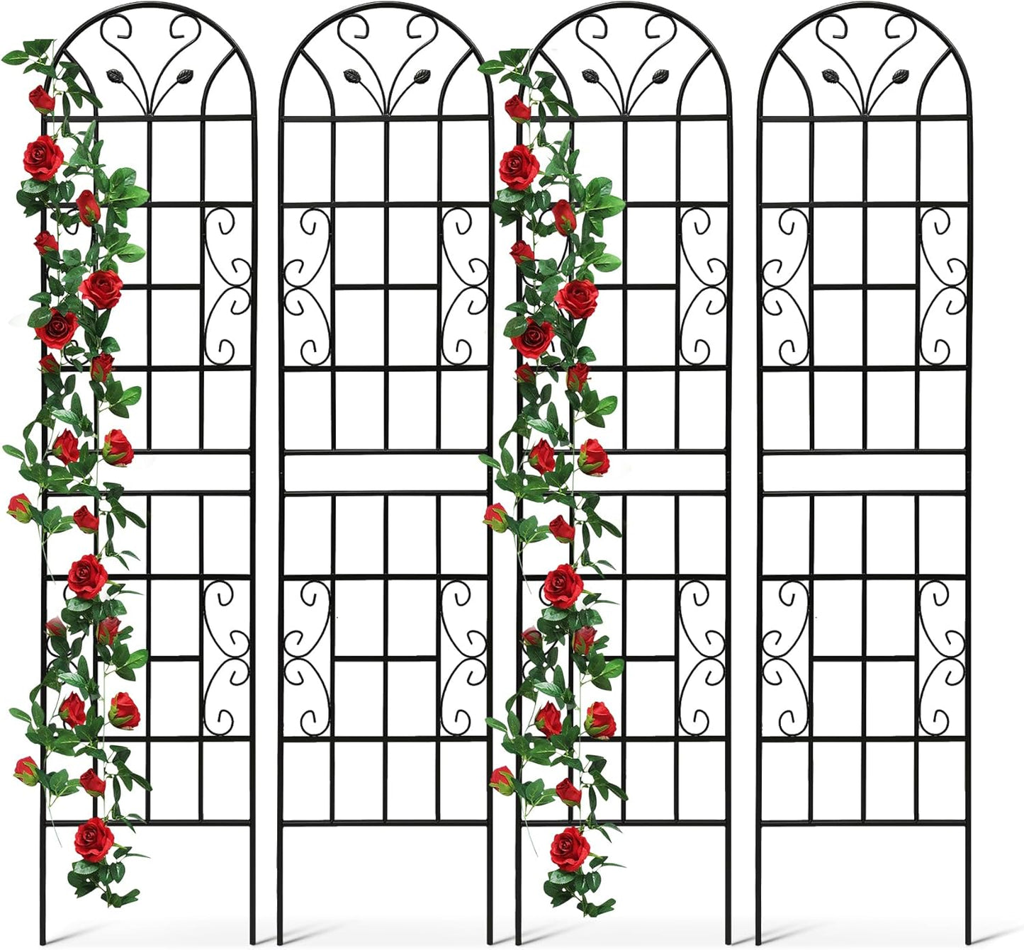 4 Pack Metal Garden Trellis 86.7" Tall Outdoor Climbing Plant Support for Roses, Flowers, Rustproof Durable Black Galvanized Tube, Lawn Garden Fence Decor Screen (4, Black curves-86.7" H)