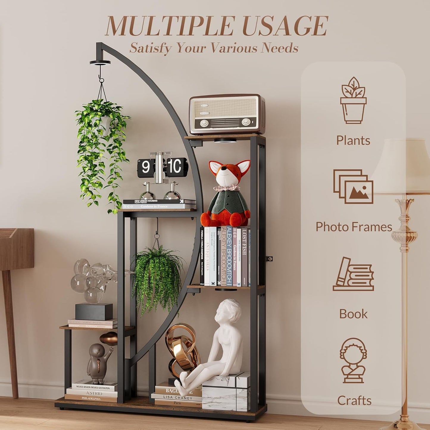 61” Tall Metal Plant Stand with Grow Lights, Tiered Indoor Shelf for Multiple Plants, Large Corner Display Rack with Adjustable Lamps, Hanging Hooks & Wooden Shelves for Living Room, Patio Balcony