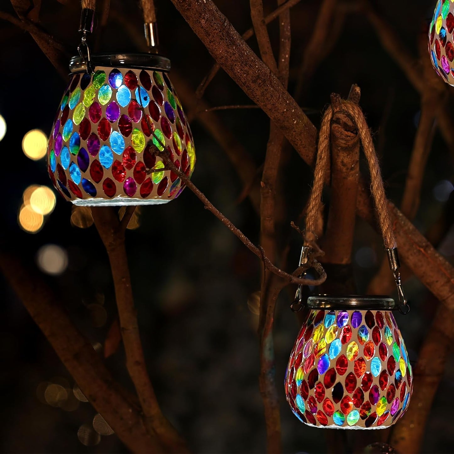 Cooo 4 Pack Mosaic Solar Lantern Outdoor Waterproof IP68 Hanging Projection Light Hidden Lid Pear-Shaped Lantern with Rope Handle Solar Powered Auto On for Patio Garden Fence Table - Crimson Ember