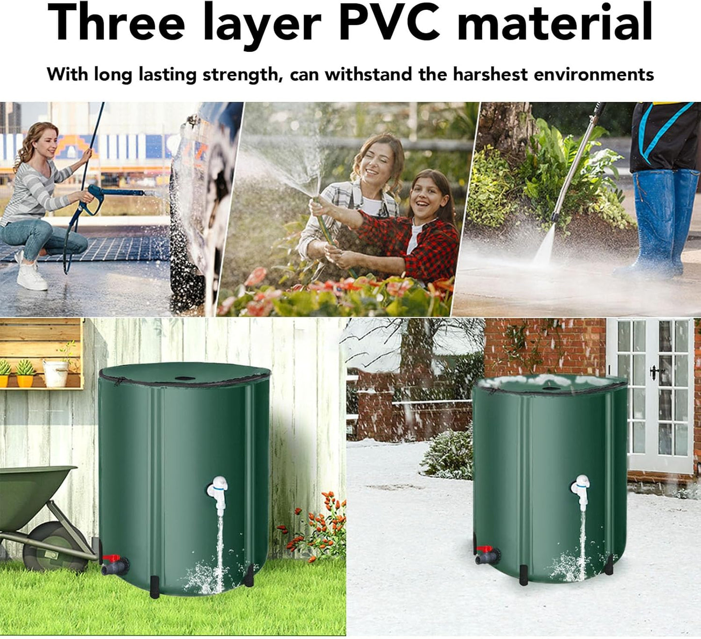 Rain Barrel, 53 Gallon Portable Foldable Rain Water Collection Tank Collapsble Rainwater Storage Container Water Collect System Downspout with 2 Spigots for Garden Landscape