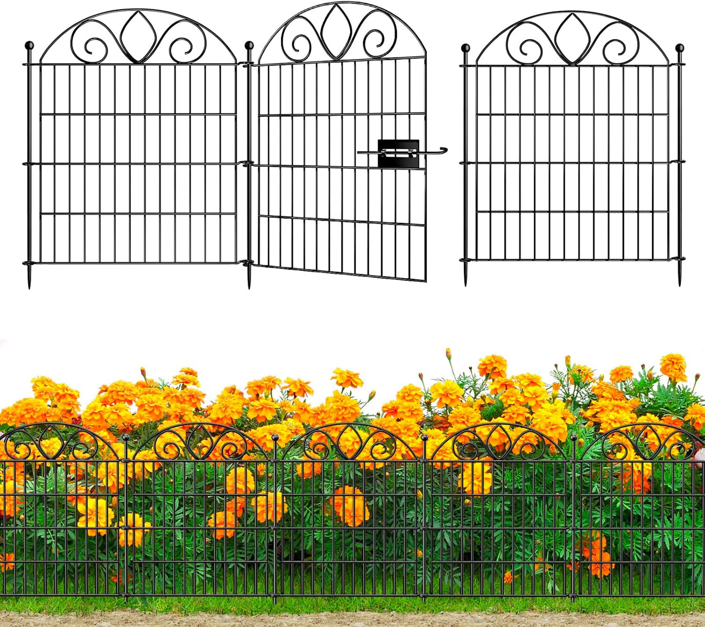 10 Panels No Dig Decorative Garden Fence with Gate – 28" H X 19.6' L Rustproof Metal Dog Fence Outdoor for Yard, Animal Barrier Fence for Pet, Garden Border, Patio, Flower | Temporary Fencing