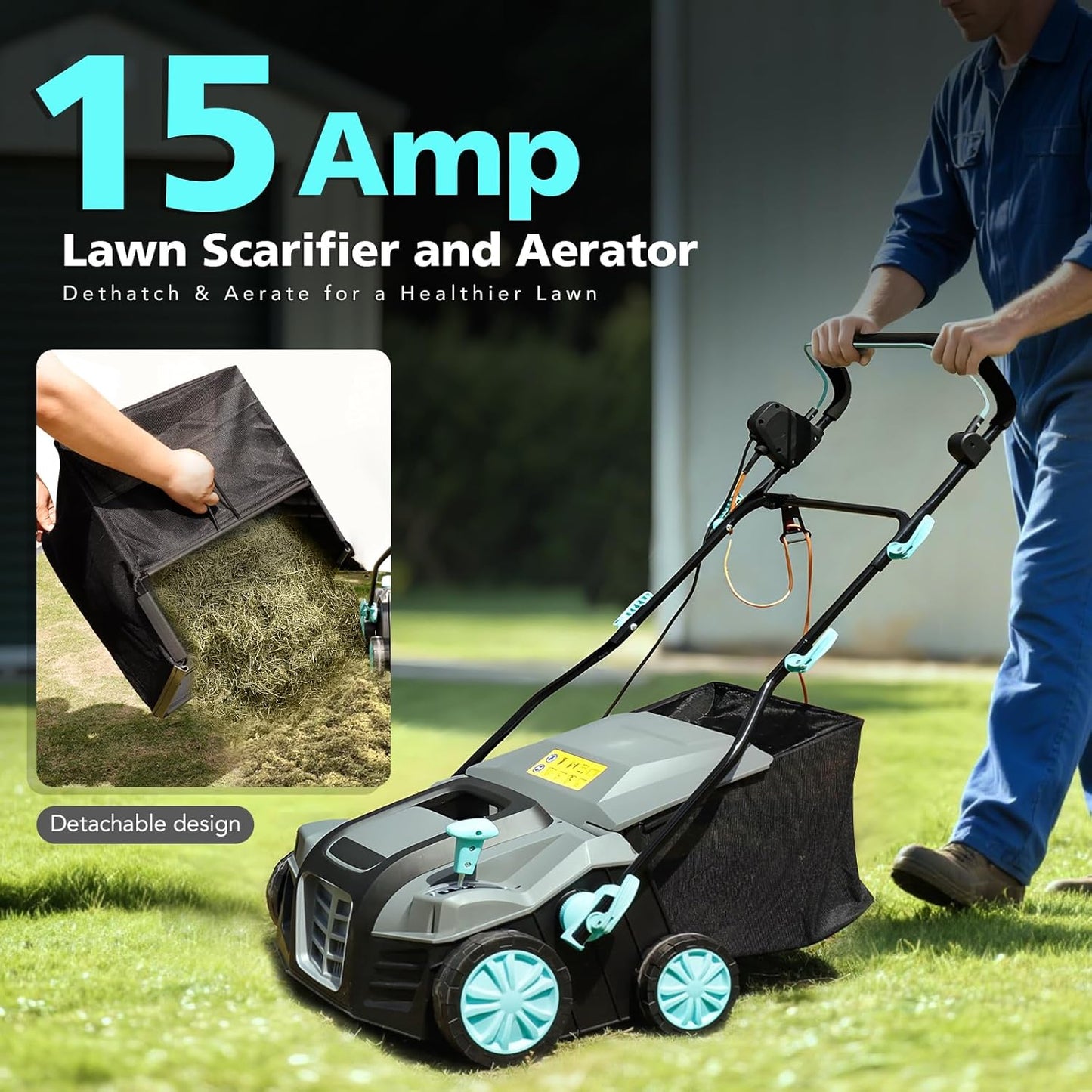16-Inch 15-Amp 2-in-1 Electric Dethatcher and Lawn Scarifier with 14.5-Gallon Collection Bag, 5-Position Depth Adjustment, Lawn Care Machine for Thatch Removal and Grass Revitalization - XSS16D