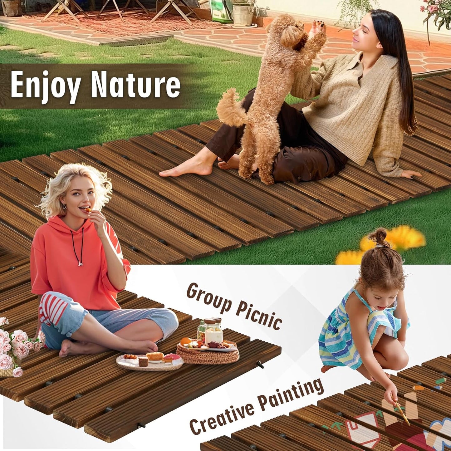 8FT Wooden Garden Pathway,Outdoor Roll Out Decorative Straight Walkway,Weather-Resistant Patio Path,Non-Slip Pavers Boardwalk for Garden, Backyard, Beach, Wedding Party Pathways