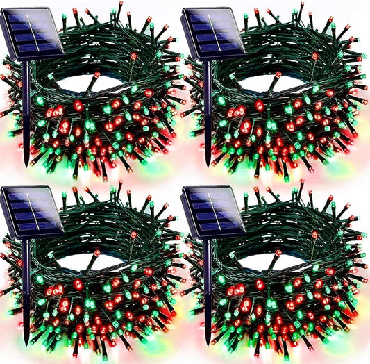 Red Green Solar Christmas Lights Outdoor Decorations Waterproof, Tatal 4 Pack 400LED 132FT Solar String Lights Green Wire with 8 Modes, Christmas Fairy Light for Xmas Tree Party Wedding Garden Decor