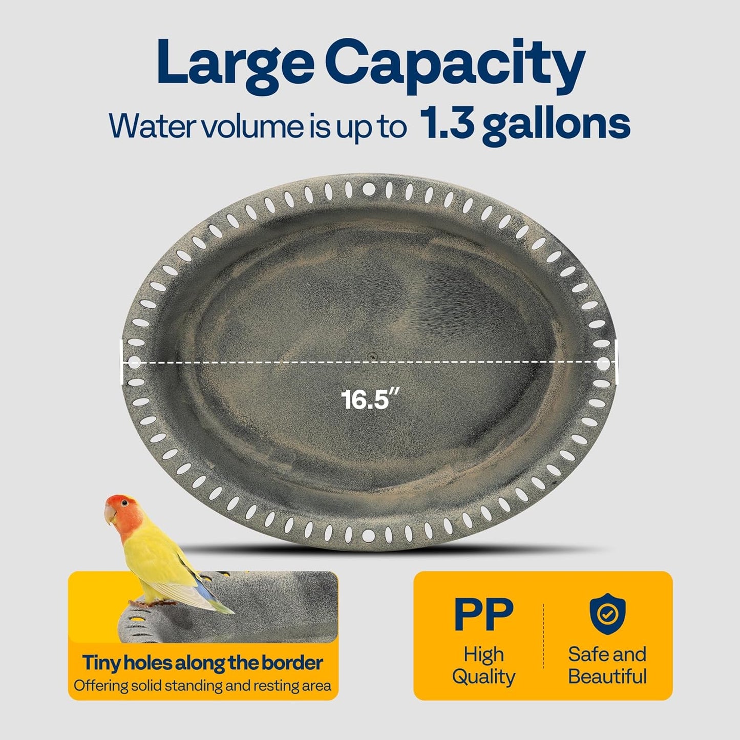 VIVOHOME Oval Polyresin Bird Bath Bowl with Metal Stake, 29 Inch Height Outdoor Freestanding Birdfeeder, Capacity 1.3 Gallons, 5-Pronged Base, Gray