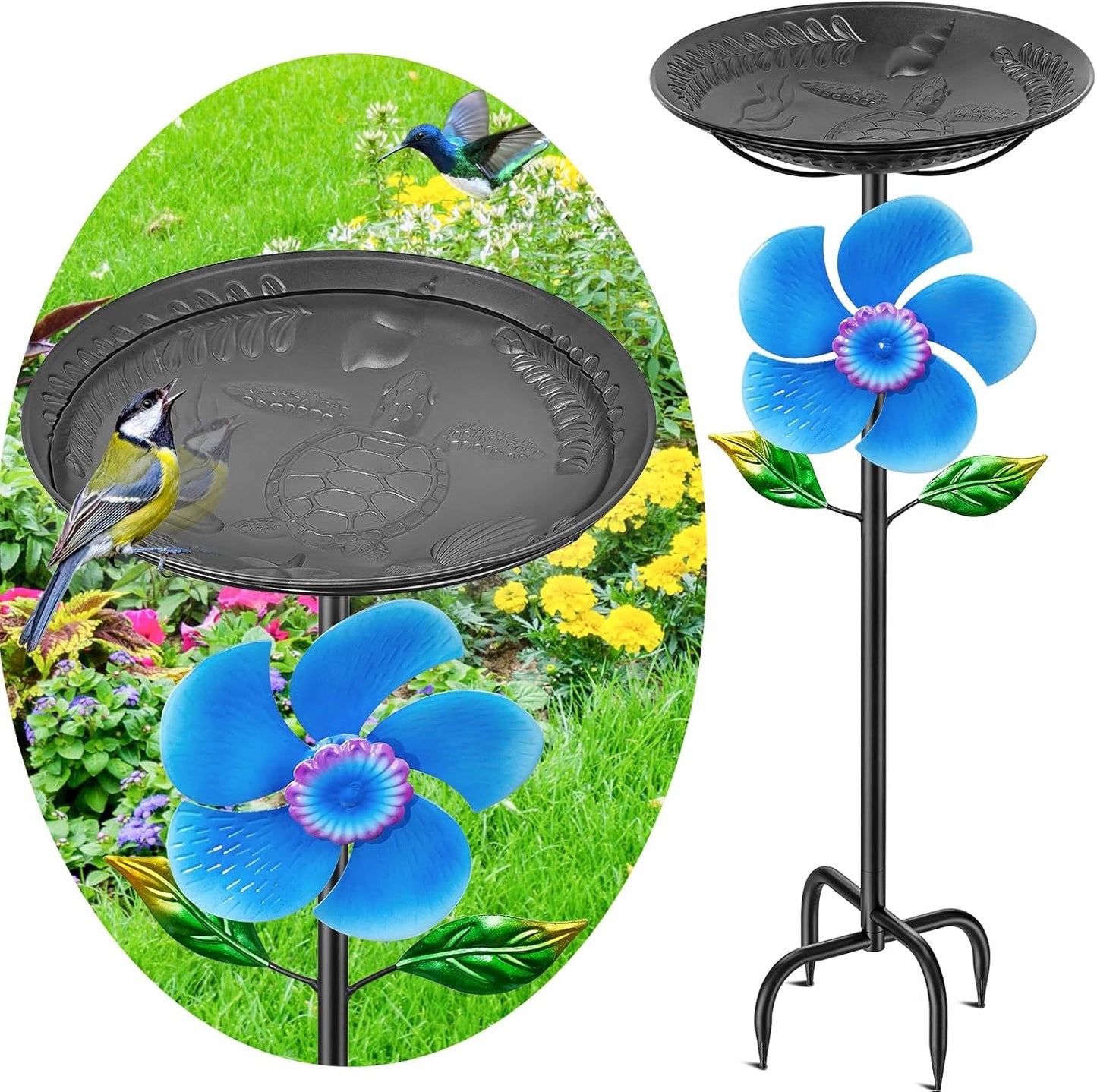 48.8“ Metal Bird Bath for Outside, Detachable Birdbath & Birdfeeder Feeder Bowl with Wind Spinner, Vintage Bird Baths for Outdoors Garden Yard Lawn Decor (Black+Windmill)