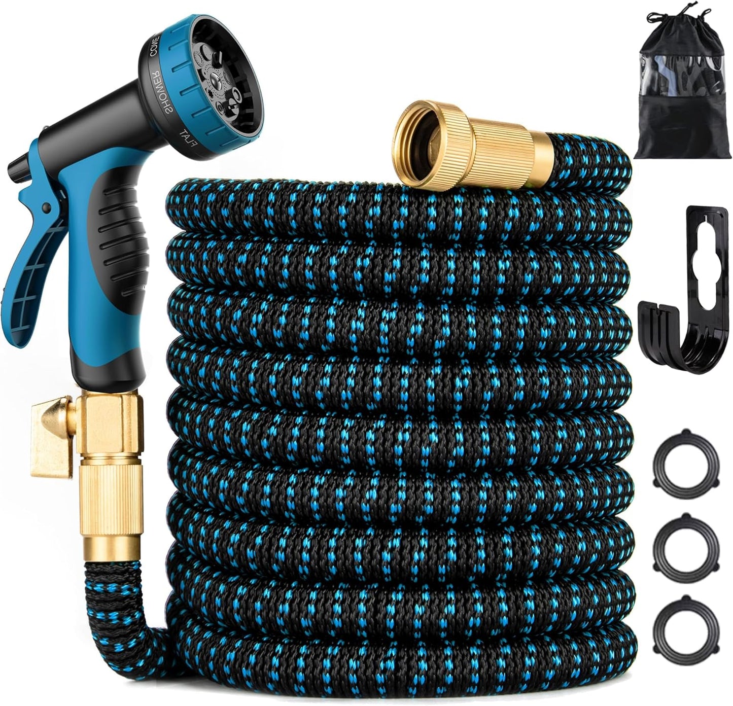 100 ft Expandable Garden Hose - Kink Free Flexible Water Hose 100ft with 10 Pattern Spray Nozzle, 3/4 Solid Brass Connectors, Retractable Latex Core - Lightweight Expanding Hose