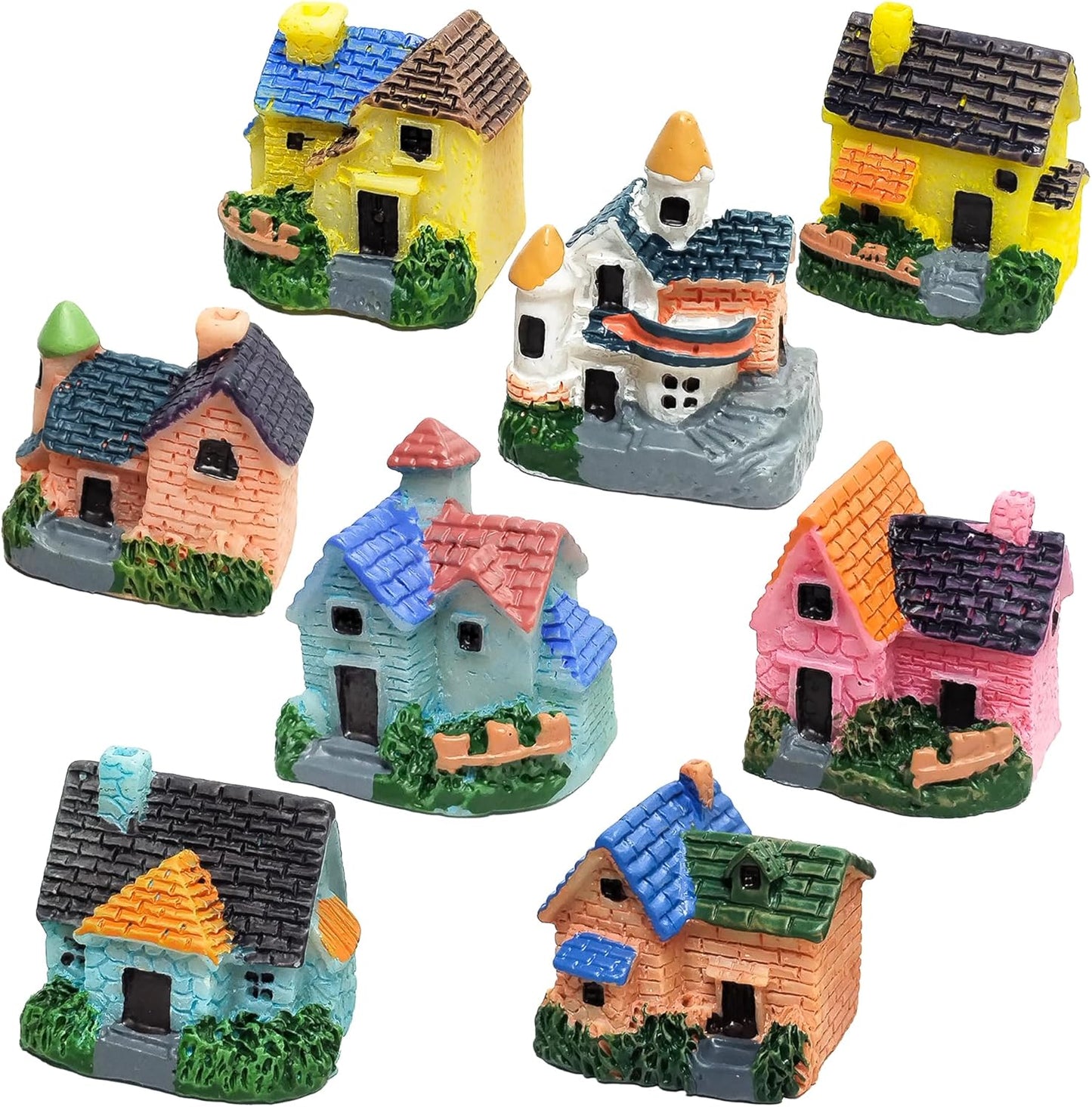 8PCS Colorful Miniature House Mini House Cottage Resin Figurines Fairy Garden Accessories Outdoor Vintage Small Micro Landscape Ornament Plant Flower Pot Terrarium Home Decor Supplies