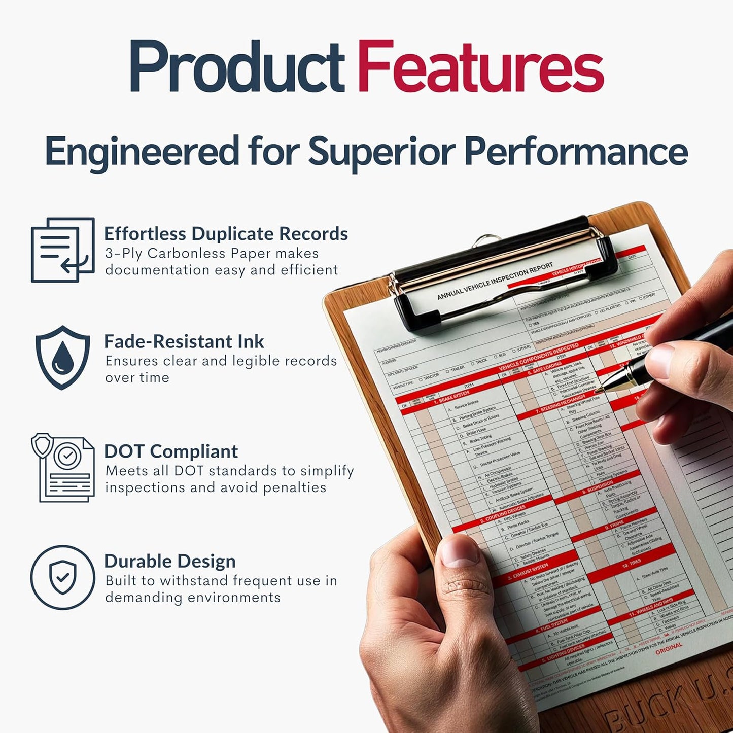 100 Pack 3-Ply Carbonless Annual Vehicle Inspection Report Forms with FMCSA Red Aluminum Labels & White Mylar Laminate Vinyl Labels, DOT Inspection Forms and Stickers, Shrink-Wrapped, 8.5" x 11.75"