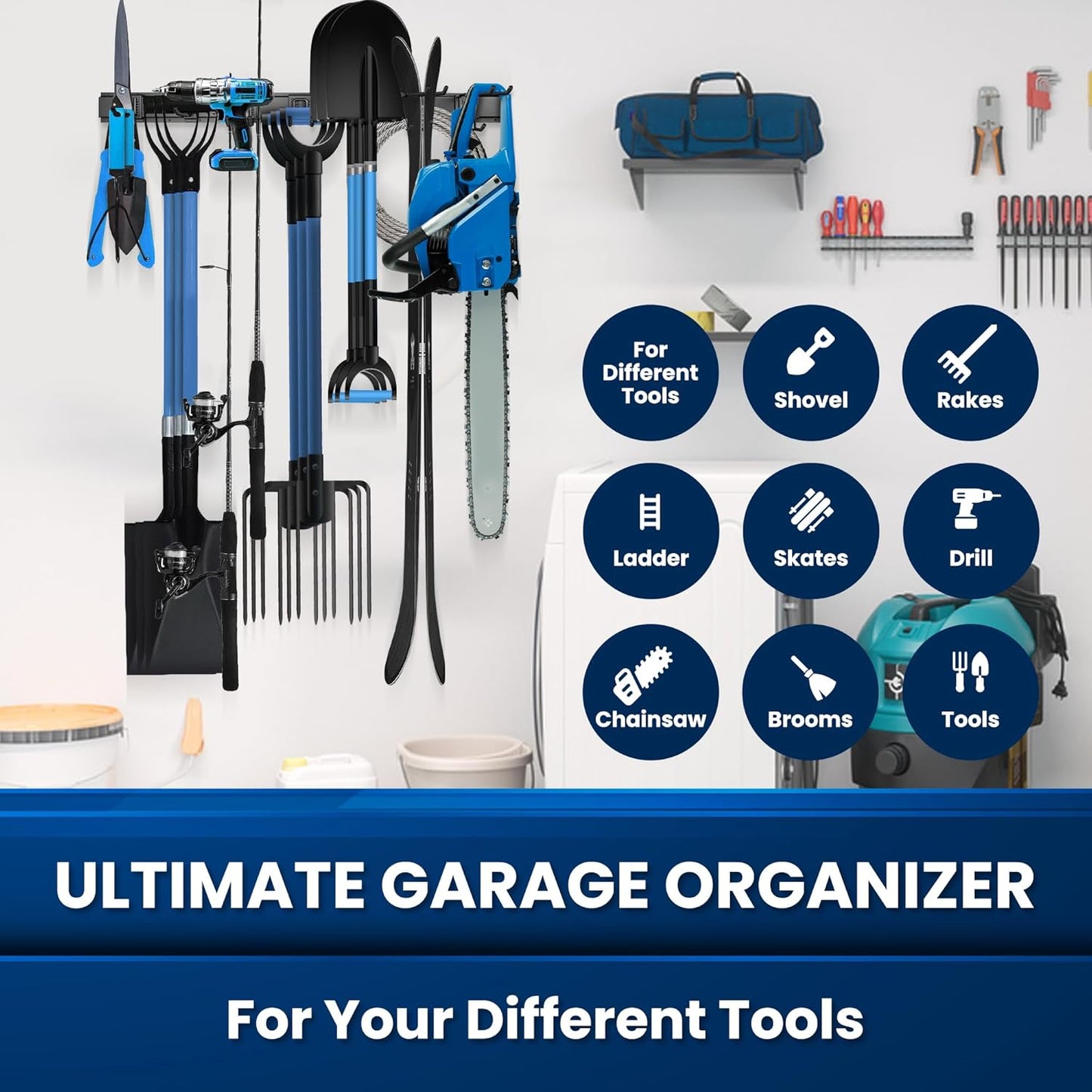 48'' All-Metal Garage Tool Organizer Wall Mount – Heavy-Duty Tool Rack Holds 450 lbs, Adjustable Hooks for Garage, Yard, and Garden Equipment