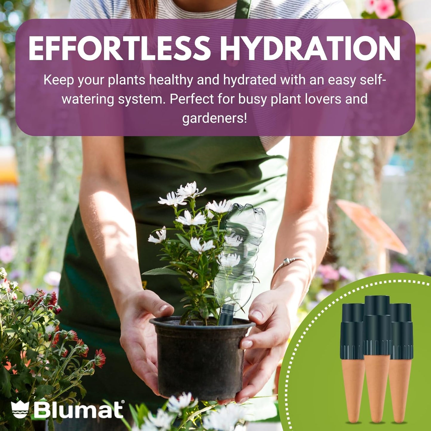 Blumat Plant Watering Device - Easy Self Watering Planter Insert for Indoor Plants - Bottle Adapter - Prevents Overwatering and Underwatering for Healthy Growth - 3 Pack