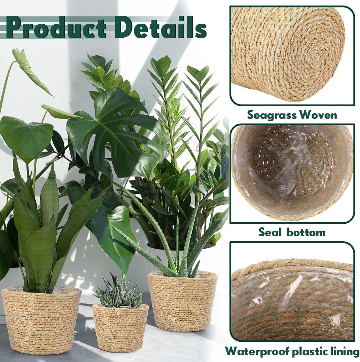 Mumufy 6 Pcs Seagrass Planter Basket Flower Pots Cover Plant Baskets Hand Woven Plant Basket Storage Containers with Plastic Liners for Indoor Outdoor Flower Pots Decoration 10, 7, 8.3 Inch(Classic)