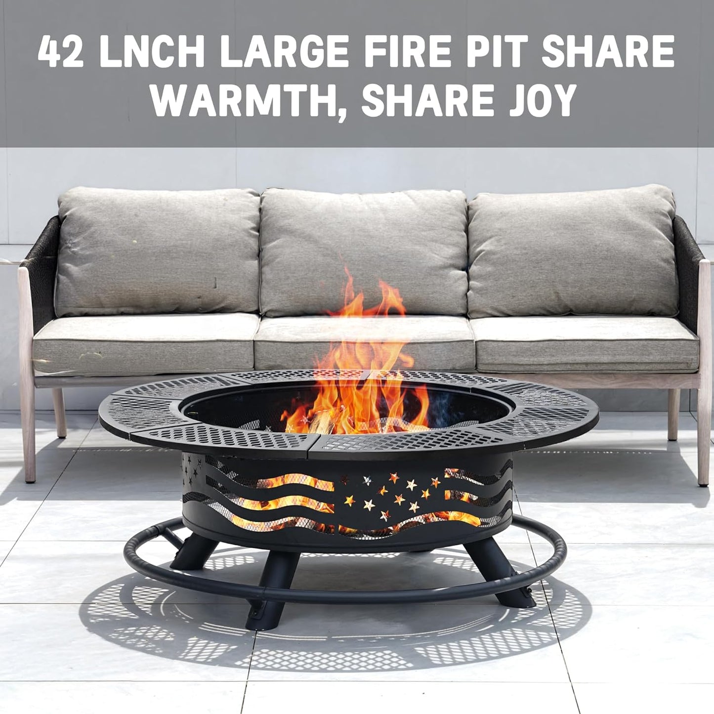42 Inch Fire Pit with 2 Cooking Grates, Outdoor Wood Burning BBQ Grill Firepit Bowl with Cover Lid, Steel Round Table for Backyard Bonfire Patio Picnic (Black, 42)