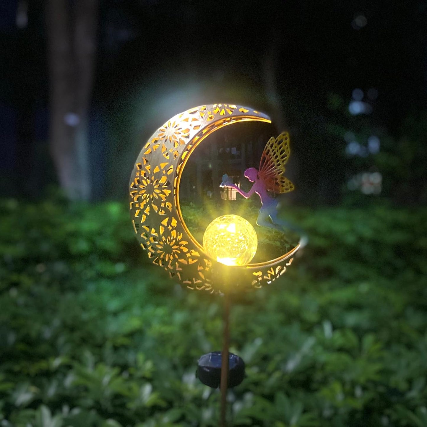 Solar Garden Lights Outdoor Decor, Moon Fairy Crackle Glass Lights, Waterproof LED Landscape Lighting Metal Stake Ornament, for Walkway Yard, Patio, Lawn Pathway Decorations