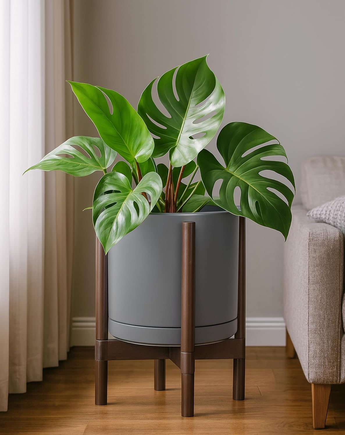 D'vine Dev Ceramic Planter with Walnut Color Stand - 12 Inch Modern Round Flower Pot with Wood Planter Holder, Grey, 55-B-W-3