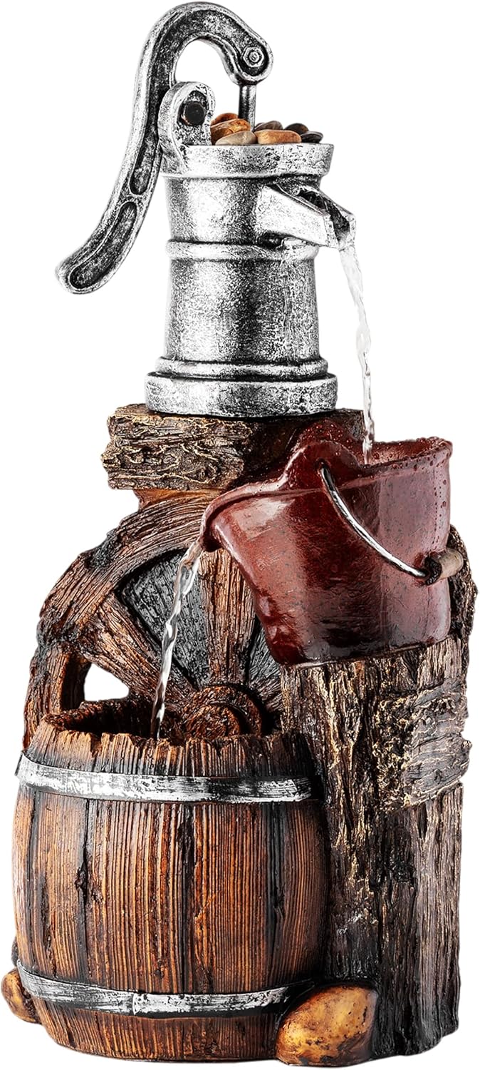 Alpine Corporation WCT688 Outdoor Floor Tiered Rustic Barrel and Pump Water Fountain, Old-Fashioned Waterfall , 24", Brown