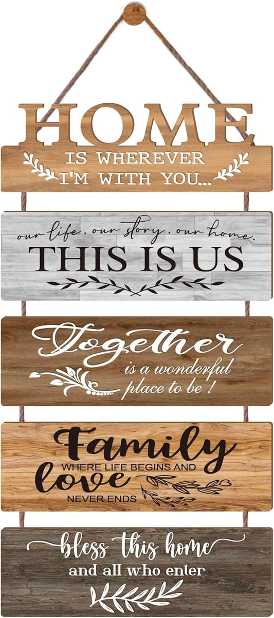 Wooden Collage Panels Home Affirmations Wall Sign- Wall Plaques for Living Room,Bedroom,Dining Room,Bathroom - Multicolor Rustic Family Farmhouse Wall Decor 5pcs