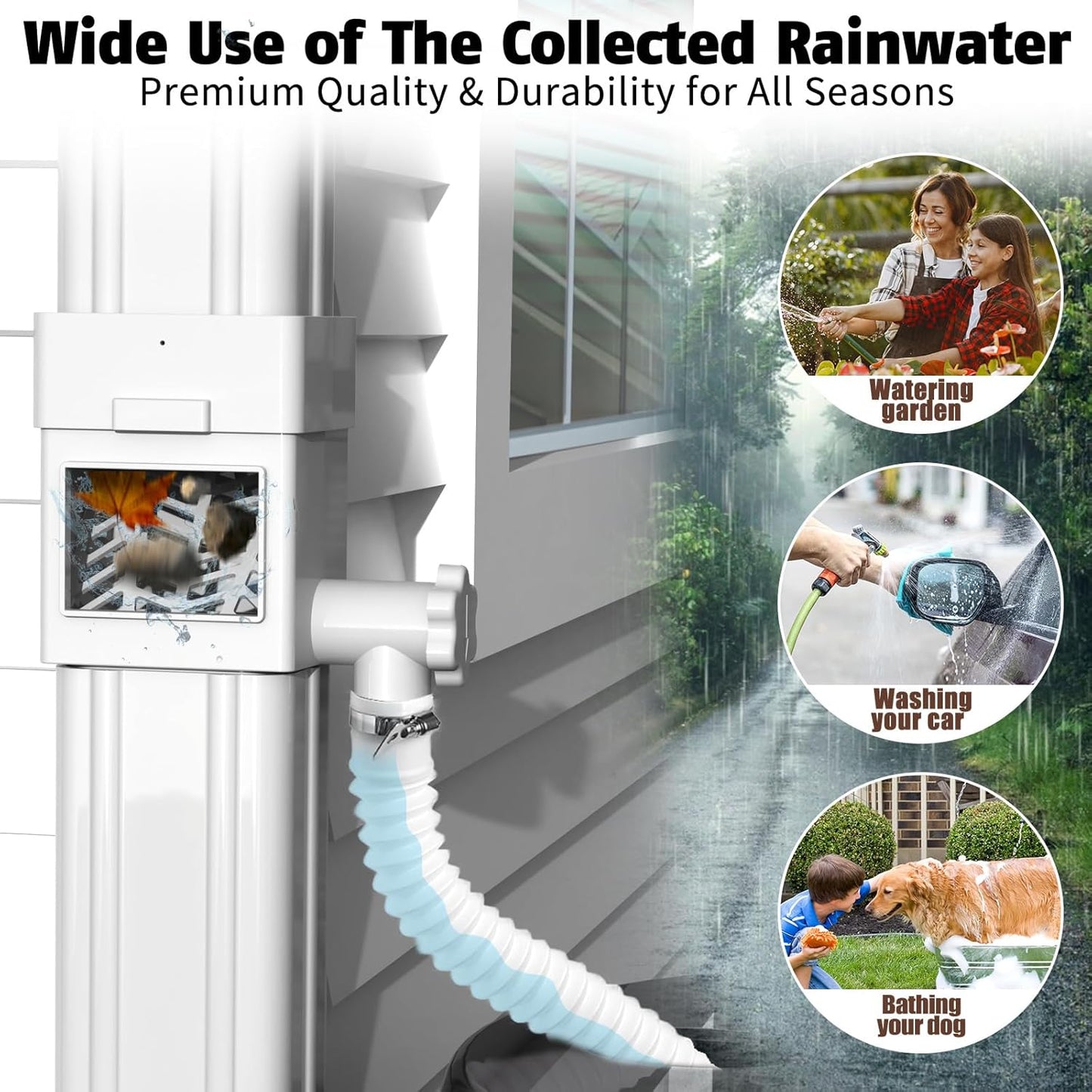 Anivia Rainwater Collection System, Downspout Diverter Fits for 2x3 or 3x4 Inch Standard Downspouts, Rain Barrel Diverter Kit with Adjustable Valve and Filter. 5ft Hose - White