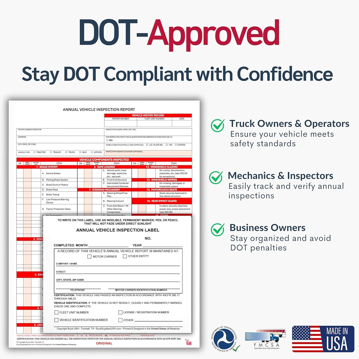 5 Pack Buck Annual Vehicle Inspection Label, 2-Ply Adhesive Vinyl with Mylar Laminate, FMCSA & DOT Compliant, Weatherproof, Tear Resistant, Easy to Write On, 5" x 4" - Made in USA