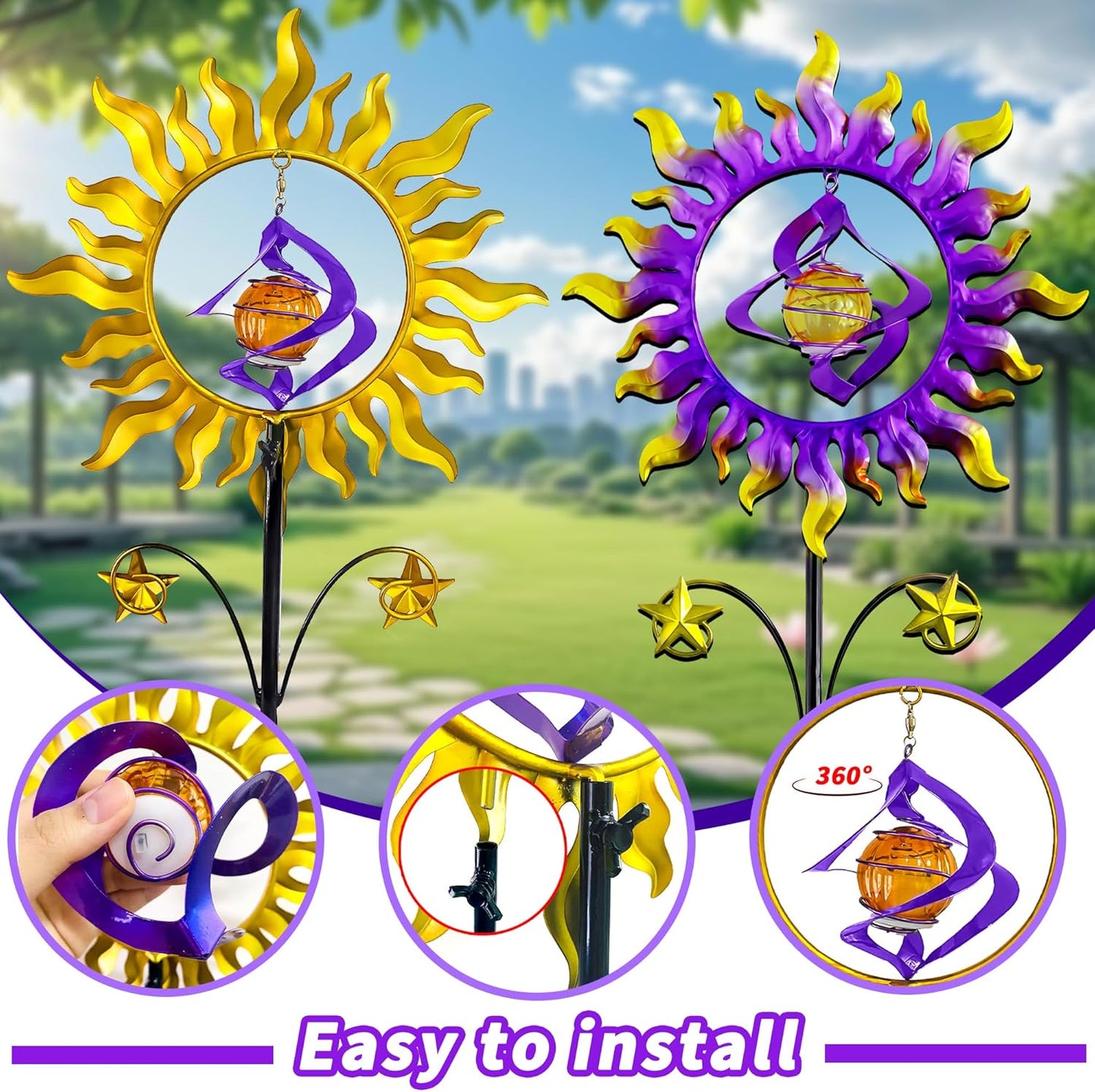 60 in Solar Wind Spinners for Yard and Garden, Sun and Stars Wind Sculptures Outdoor Clearance Kinetic Windmills with 360° Rotating Solar Lamp Ball for Patio, Lawn Xmas Garden Decor