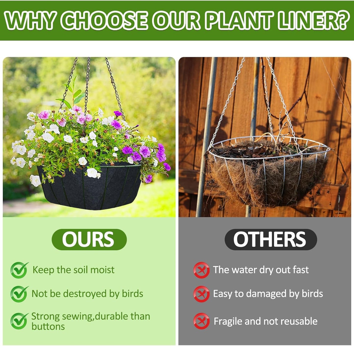 16Inch Round Fabric Planter Liners (4pcs), Felt Flower Pot Liners for Hanging Baskets, Planter Liner for Garden Flower Vegetables Plant Indoor/Outdoor (Black)