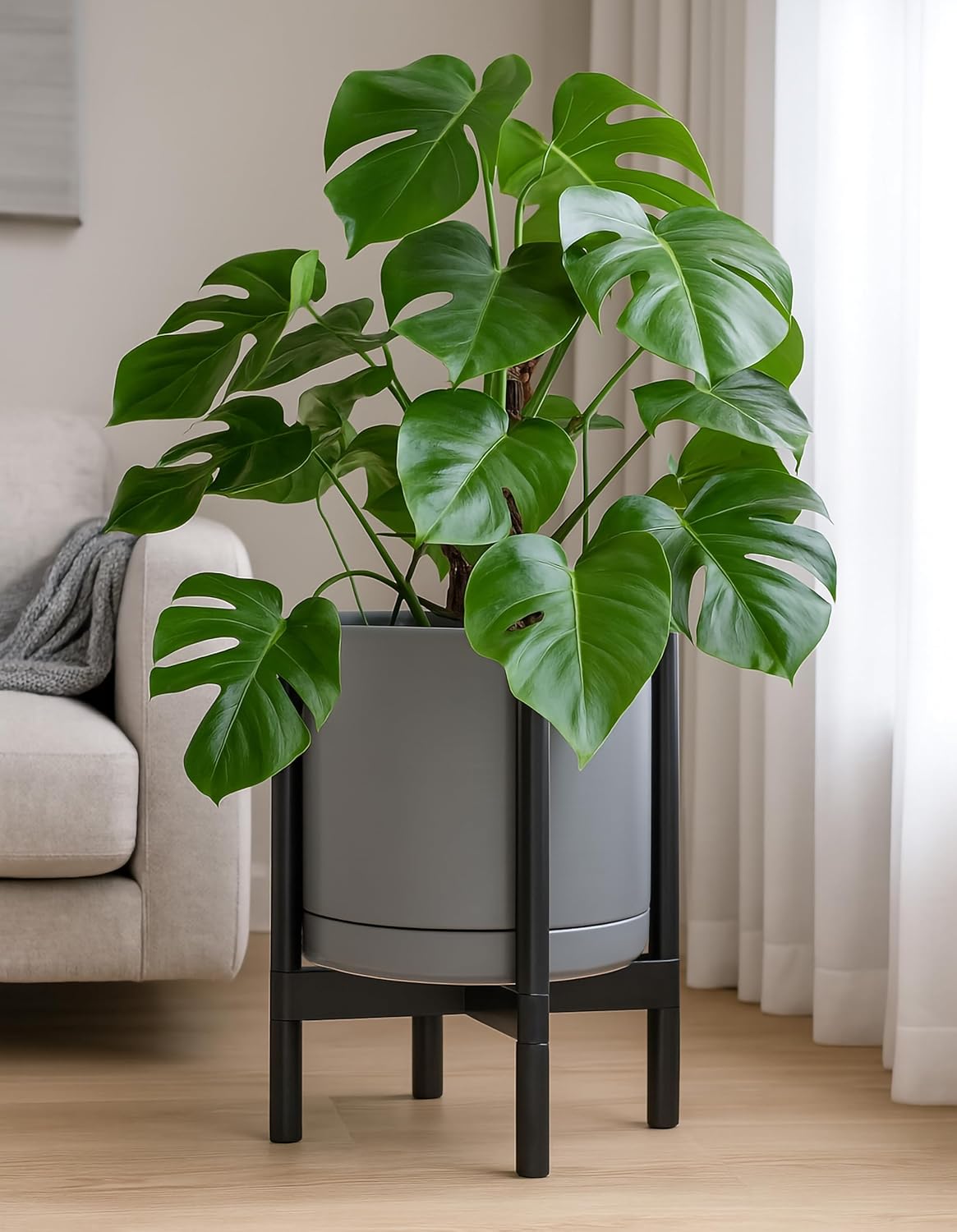 D'vine Dev Ceramic Planter with Ebony Stand - 12 Inch Modern Round Flower Pot with Wood Planter Holder, Grey, 55-B-H-3