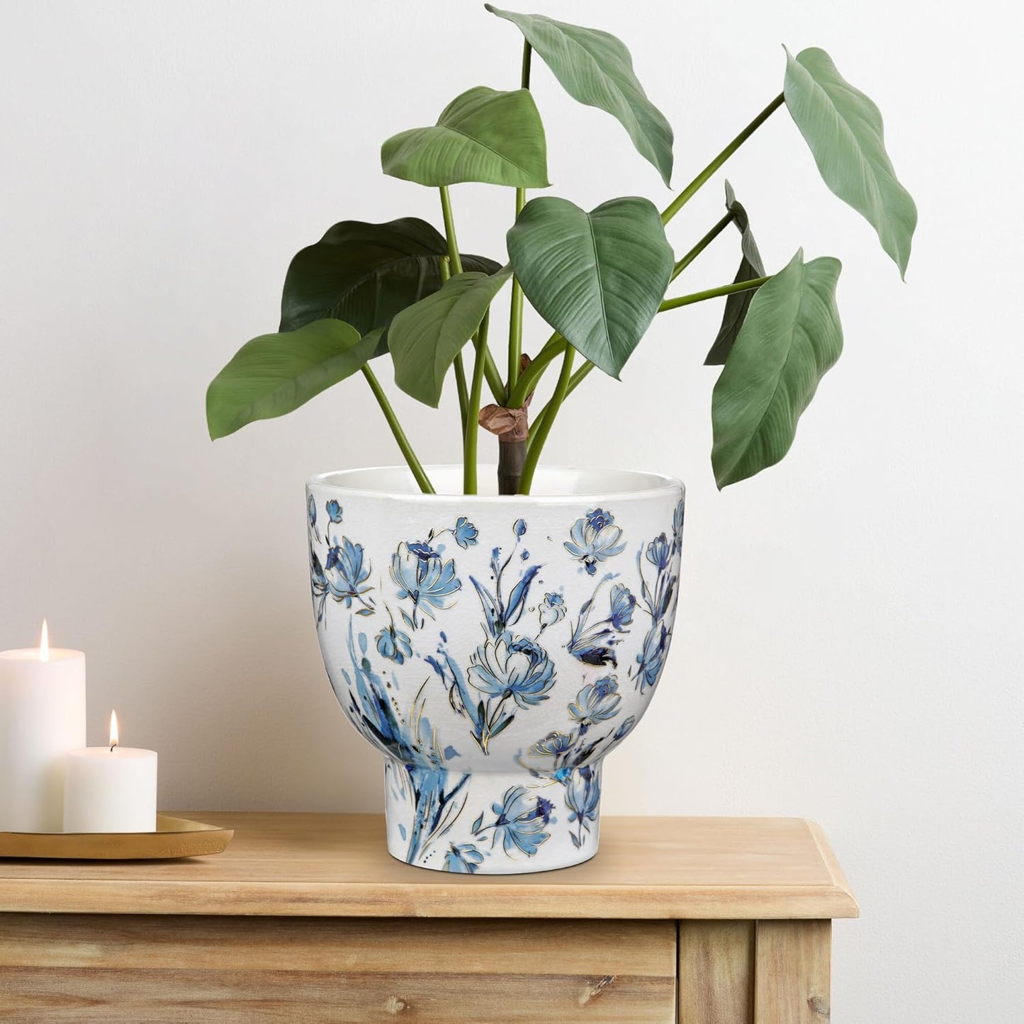 7.6/5.5 Inch Decorative Flower Pots, Blue and White Plant Pot Gold Accent Ceramic Planters for Indoor Plants Pots with Drainage Retro Planter Pot for Succulents Cactus Herb Snake Plants Outdoor Garden