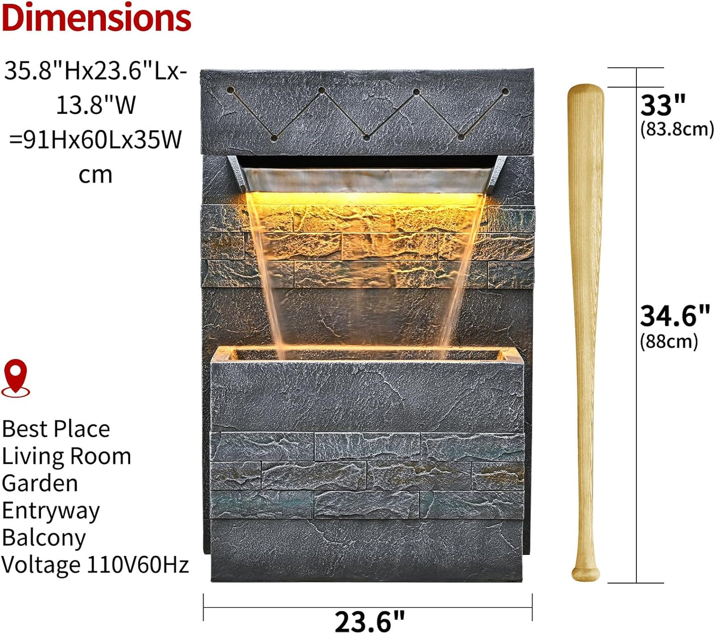 34.65'' Outdoor Garden Cascading Stone Floor-Standing Waterfall Fountain with LED Lights for Patio, Backyard, Deck, Porch and Home Art Decor