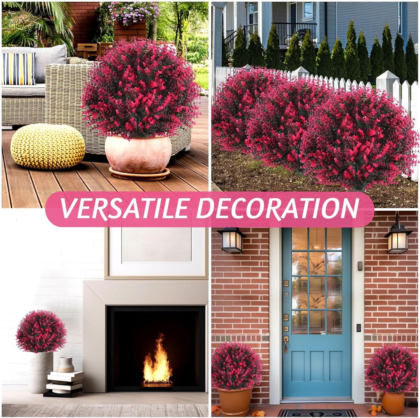 Yunlly 2 Pcs 18 Inch Artificial Boxwood Ball Topiary Tree Fake Outdoor Plants Bush, UV Resistance Faux Shrubs with Spike Realistic Greenery Potted for Indoor Garden Yard Porch Patio Decor (Rose Red)