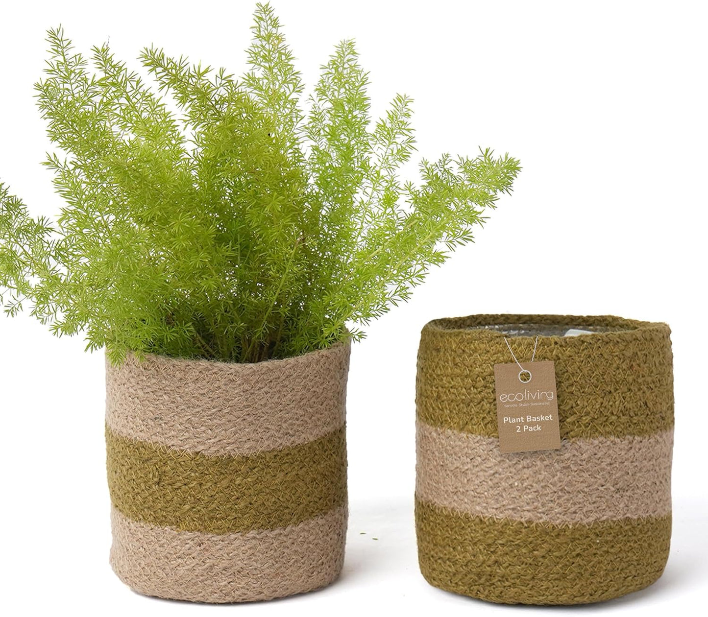 Jute Planter Basket-Woven Jute Rope Covers for Decorating Indoor/Outdoor Succulents, Small Plant Pots-Set of 2-Multi-Purpose Storage Bins 6.5 Inches - Modern Style Décor- Olive & Natural
