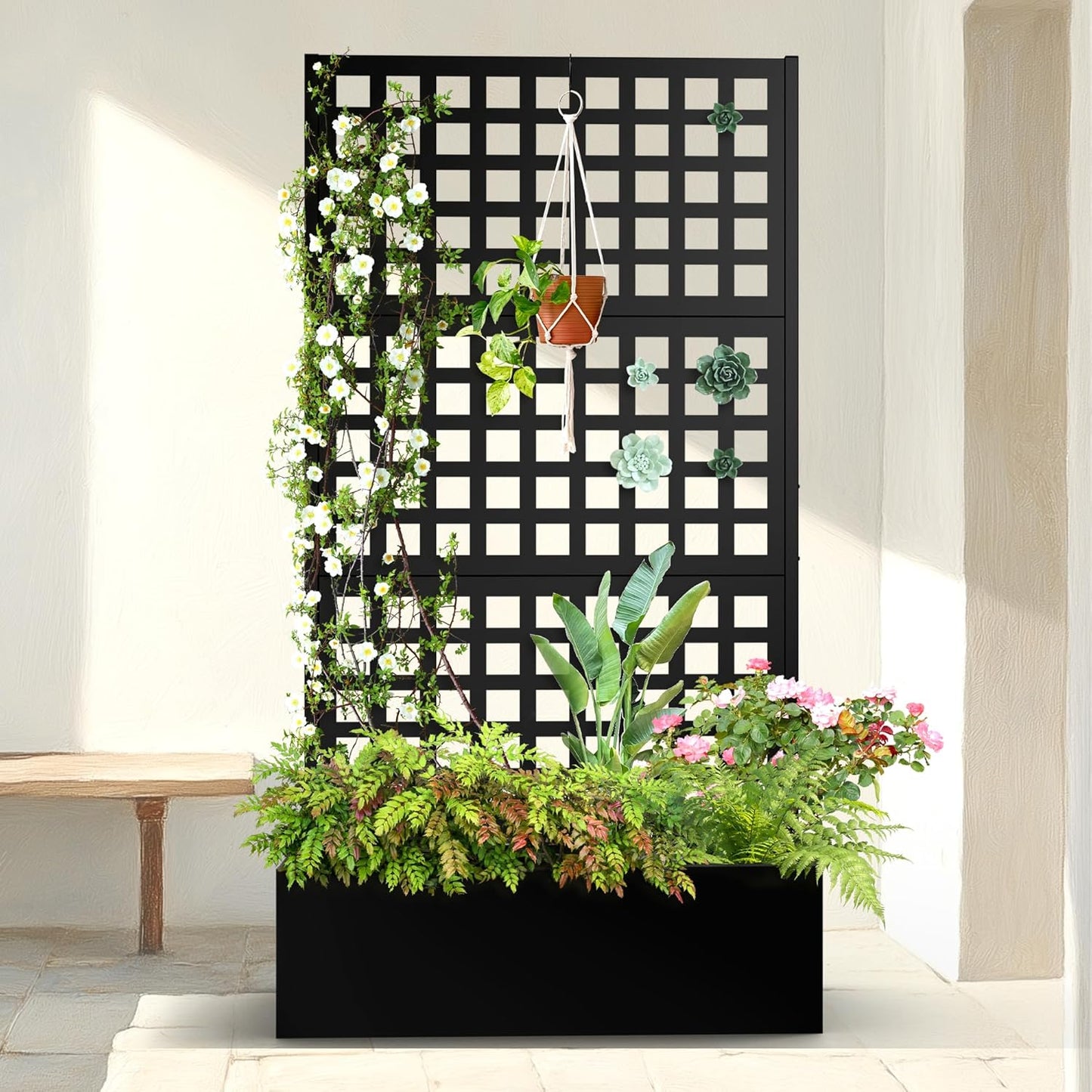 Metal Planter Box with Trellis & Wheels, Raised Garden Bed with Privacy Screen, Outdoor Standing Flower Beds with Drainage Hole for Climbing Plants, Vine, 35" Lx16 Wx71 H