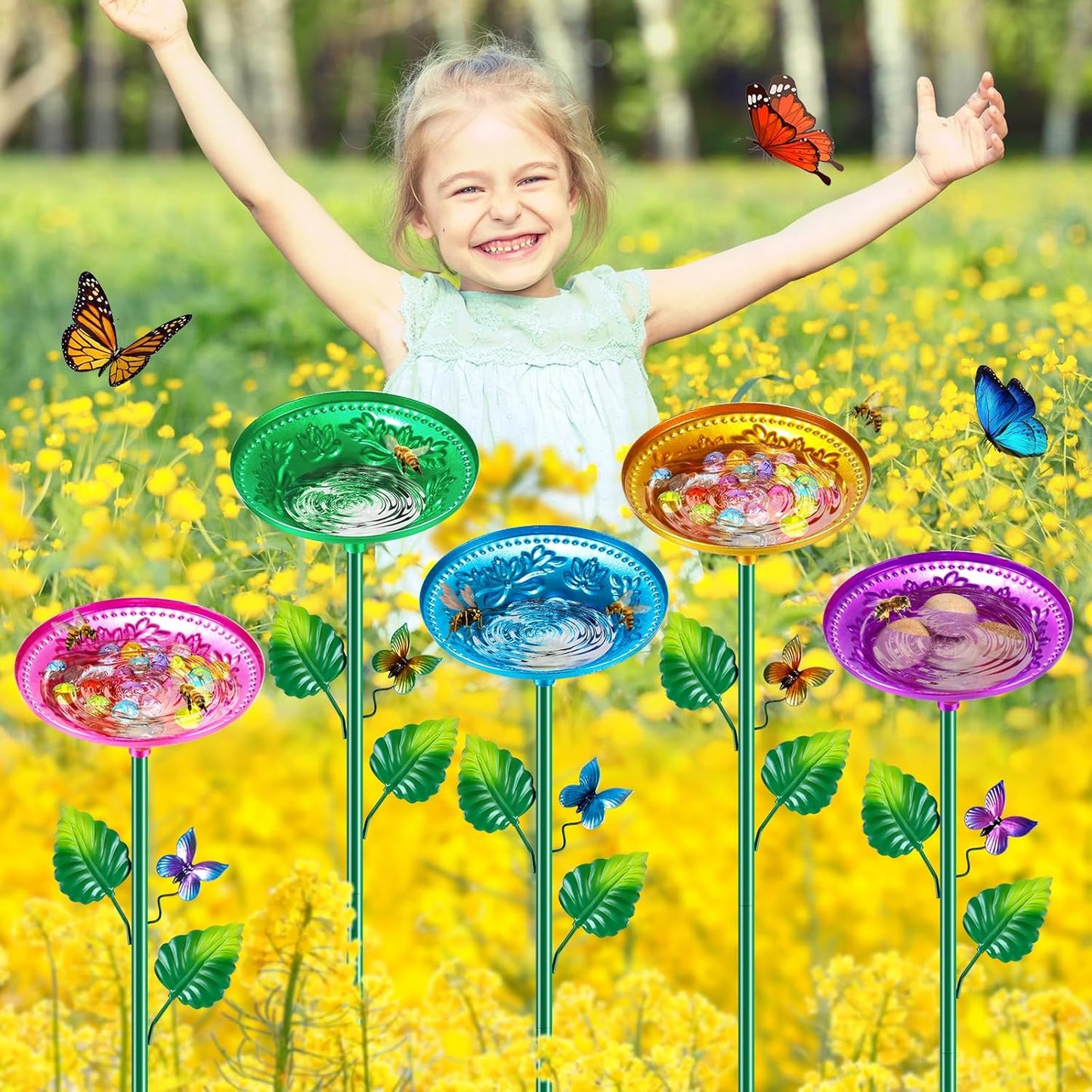 5 Pack Bee Watering Station, Bee Bath for Garden Metal Bee Butterfly Feeder, Colorful Flower Shape Bee Watering Cup Bowl Bee Waterer for Outdoor Outside Yard Decor Pollinator Watering