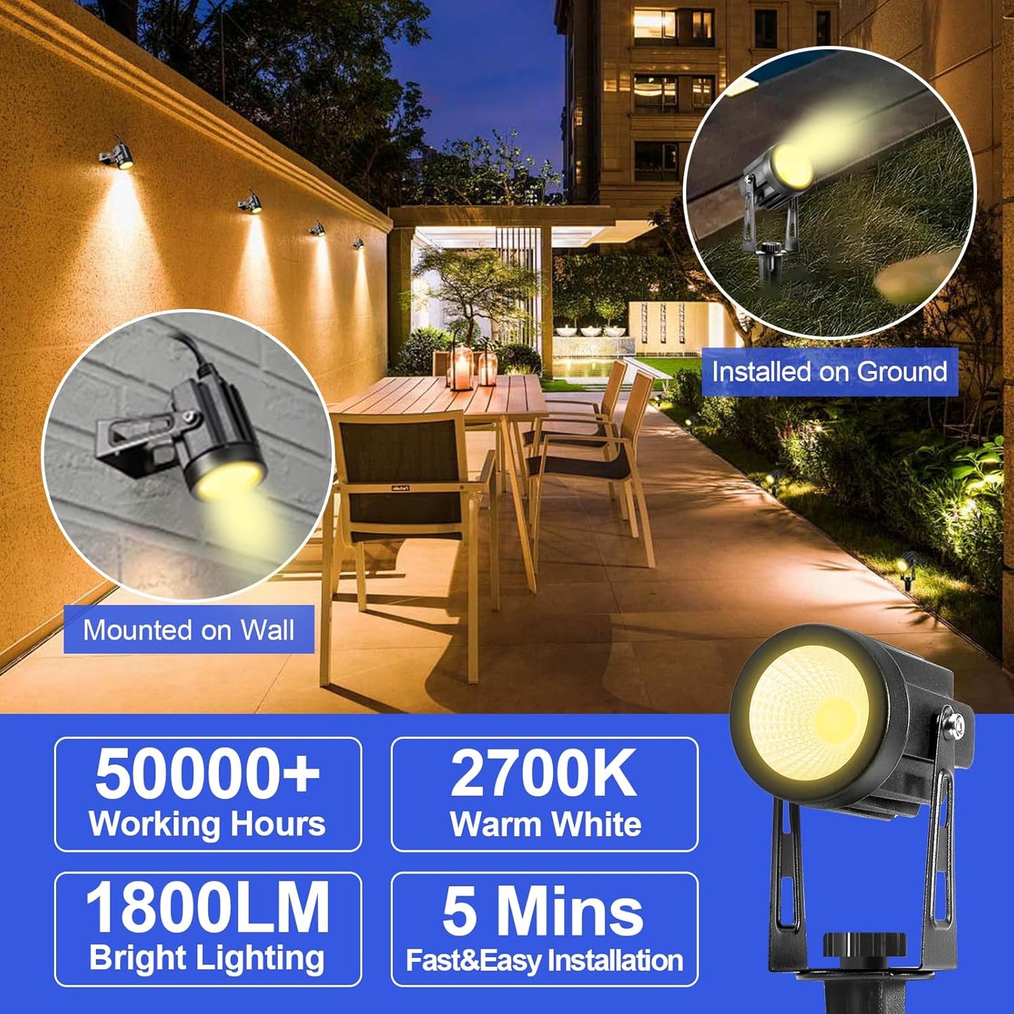 Landscape Lighting, 3W 12V Extendable Low Voltage 6 in 1 Landscape Lights with Transformer IP65 Waterproof 1800 Lumen Outdoor Spotlight for Garden Walls Trees Flag Pathway, Warm White
