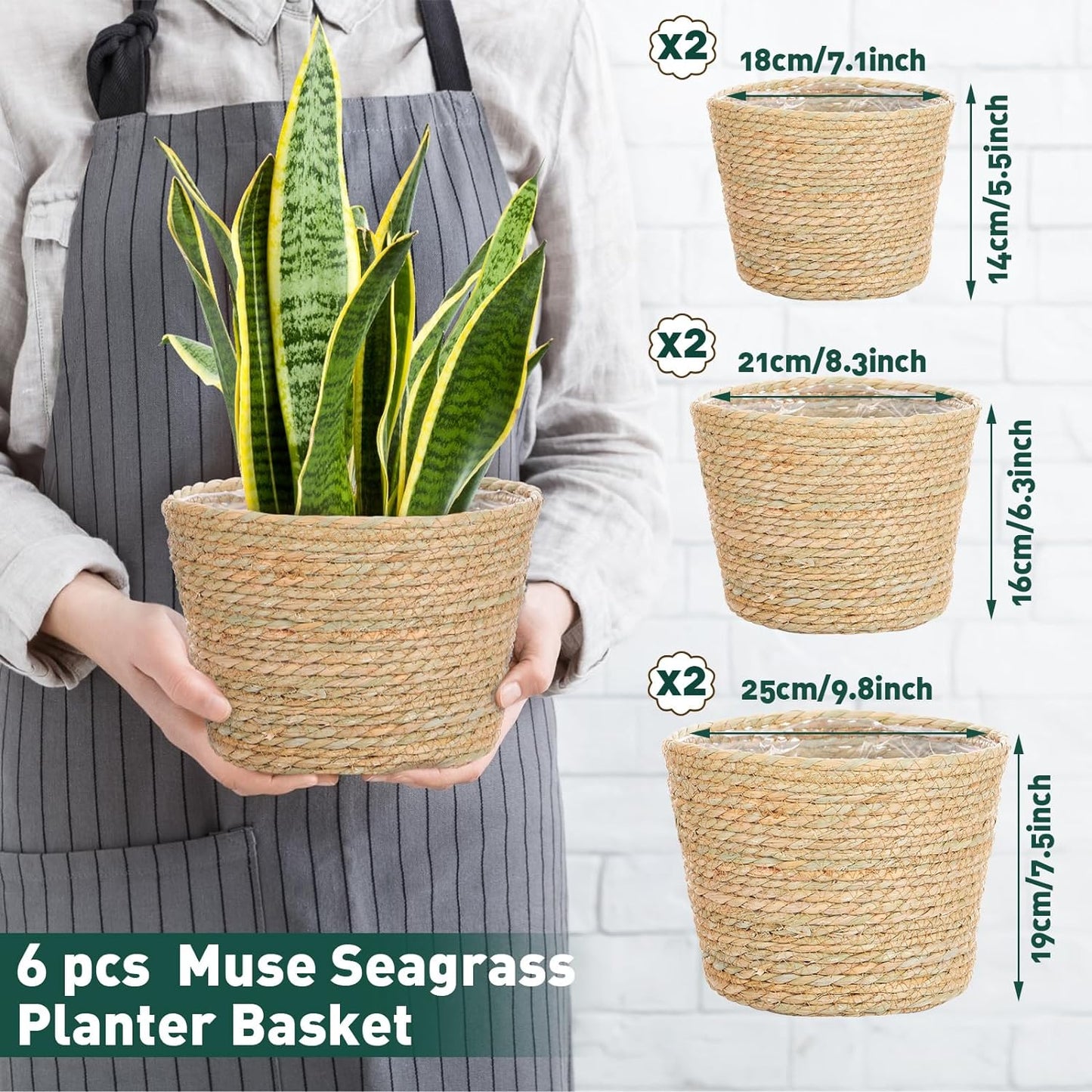 Mumufy 6 Pcs Seagrass Planter Basket Flower Pots Cover Plant Baskets Hand Woven Plant Basket Storage Containers with Plastic Liners for Indoor Outdoor Flower Pots Decoration 10, 7, 8.3 Inch(Classic)