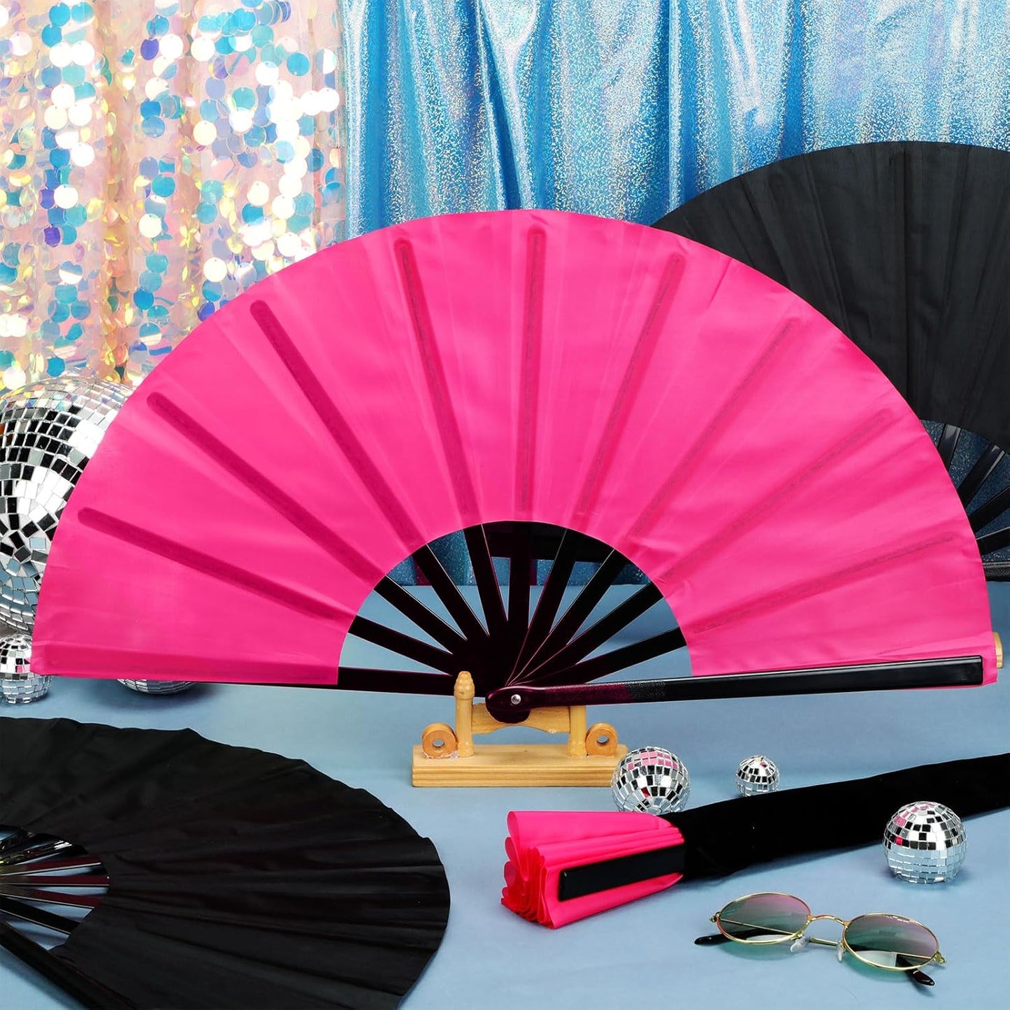 Blulu 4 Pcs 13 Inch Large Folding Hand Fans for Line Dancing Big Clapping Popping Raves Fans Bulk for Dancing Boots on The Ground Festival Party Decoration(Classic Style, Black, Rose Pink)