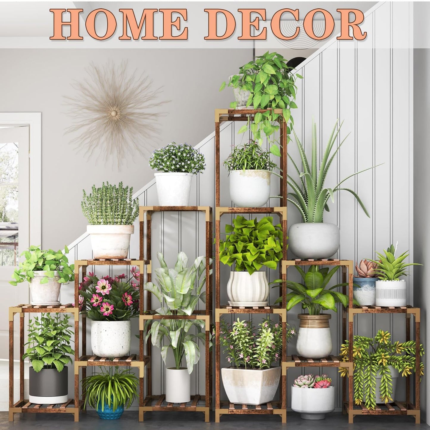 HOMKIRT Corner Plant Stand Indoor Outdoor for Multiple Plants, Large Tall Plant Shelf Rack Table Holder with Hanging Space Flower Stand for Patio Porch Balcony Garden Boho Decor