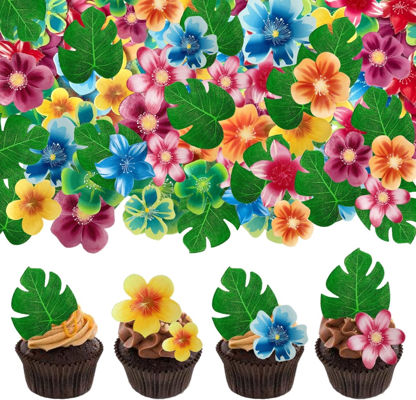 88 pieces of edible green leaf cake decorations, mixed leaf and flower cupcake decorations for Hawaiian themed festive wedding birthday party supplies.