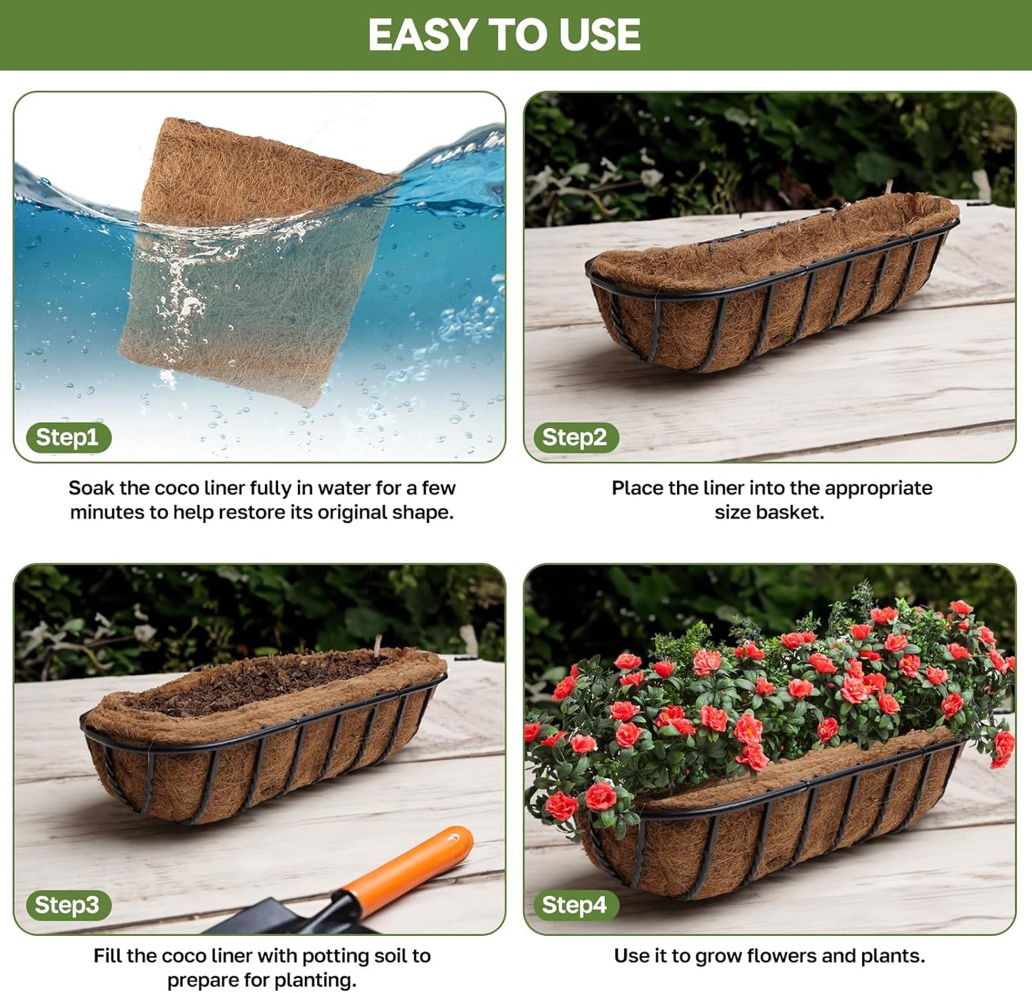 3Pcs Trough Coco Liner 30" Coco Coir Liners for Planters, Liners for Window Boxes Liners, Wall Basket Planters, Railing Hanging Baskets, Garden Planter Baskets