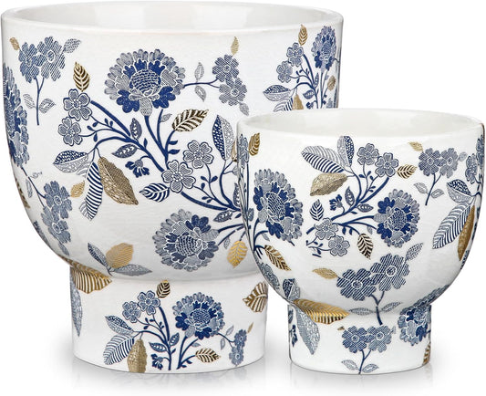 7.6/5.5 Inch Decorative Flower Pots, Blue and White Plant Pot Gold Accent Ceramic Planters for Indoor Plants Pots with Drainage Retro Planter Pot for Succulents Cactus Herb Snake Plants Outdoor Garden