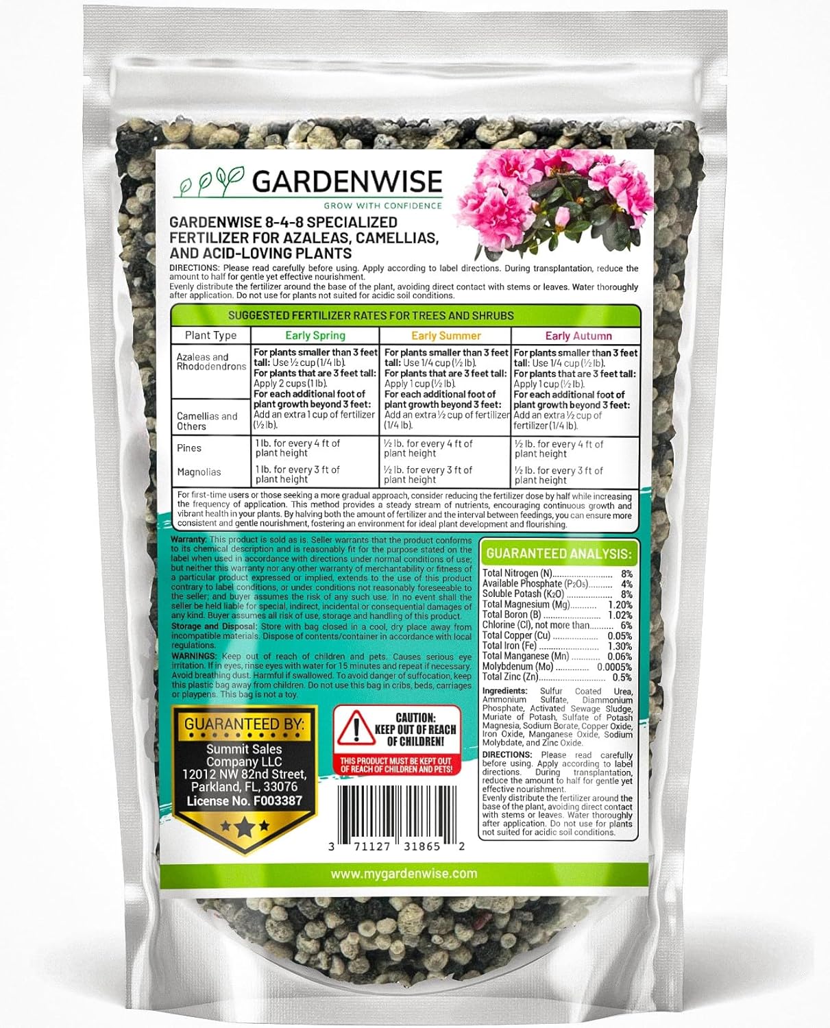 8-4-8 Acidic Fertilizer for Azaleas, Camellias (Camelia), Hydrangeas, Blueberries, Gardenias, Magnolia Trees, Evergreens, and Rhododendrons - Ideal Iron-Rich Plant Food (1/2 Quart)