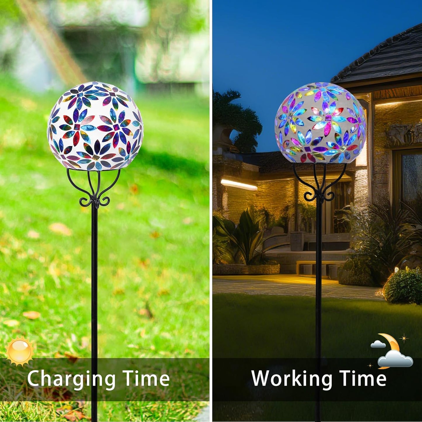 VCUTEKA Solar Outdoor Lights Garden Decor Mosaic Solar Garden Lights Waterproof Glass Ball LED Pathway Stake Light for Landscape Lawn Patio Yard Decoration 6 inch, Multi