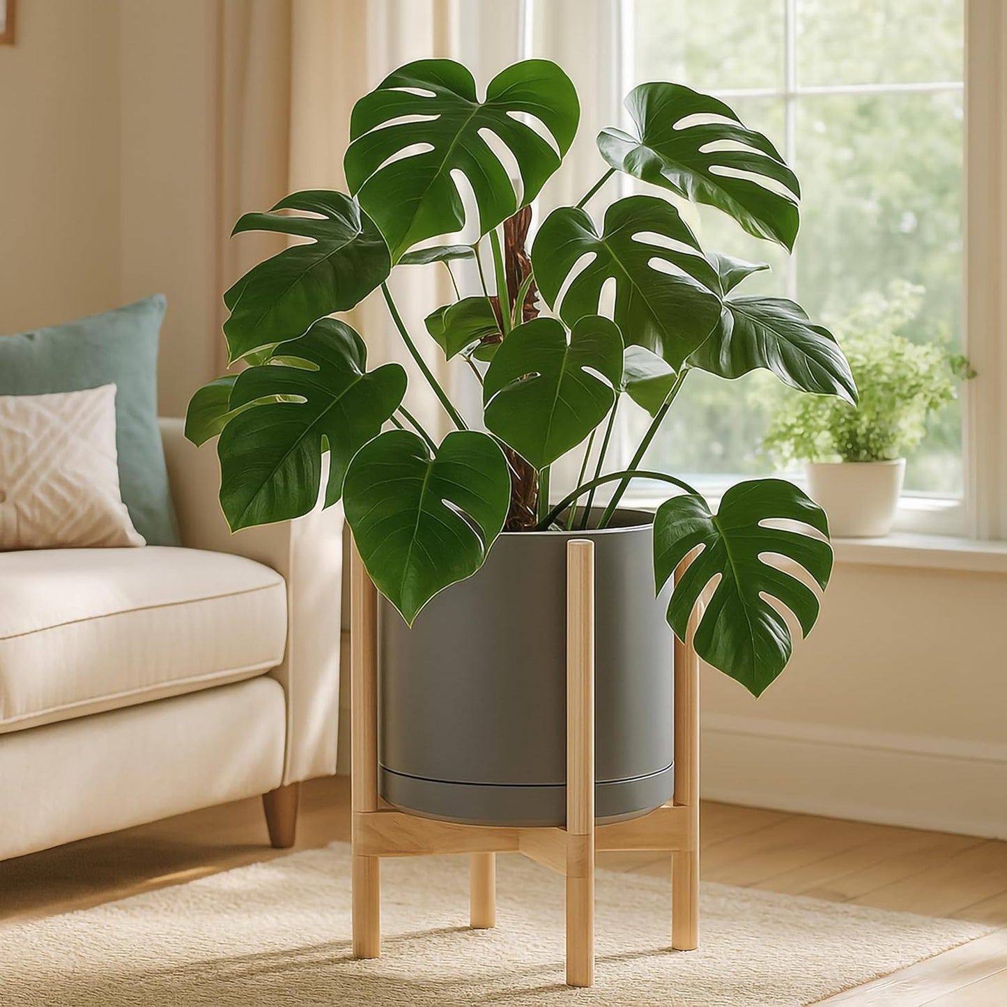 D'vine Dev Ceramic Planter with Natural Stand - 12 Inch Modern Round Flower Pot with Wood Planter Holder, Grey, 55-B-J-3